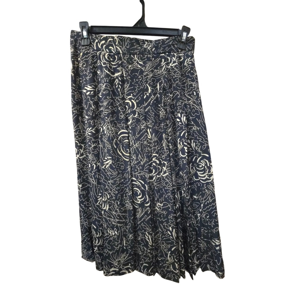 Vintage Jaeger Silk Blend Abstract Doodle Print Pleated Midi Skirt Black 8